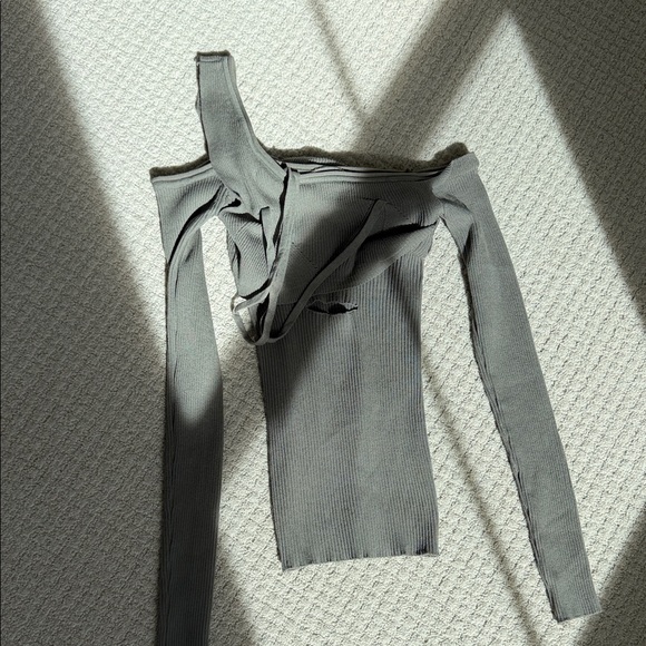 Source Unknown Tops - Source Unknown Ribbed Long Sleeve Asymmetrical Top - Olive Gray Green